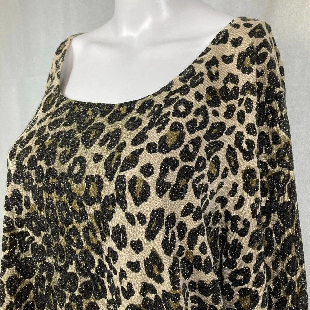 Nygard Collection Sweater Women Sz 1X Beige Black Metallic Knit Leopard Pullover